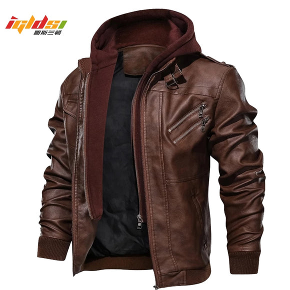 Men's Autumn Winter Motorcycle Leather Jacket Windbreaker Hooded  Jackets Male Outwear Warm Baseball Jackets Plus Size 3XL